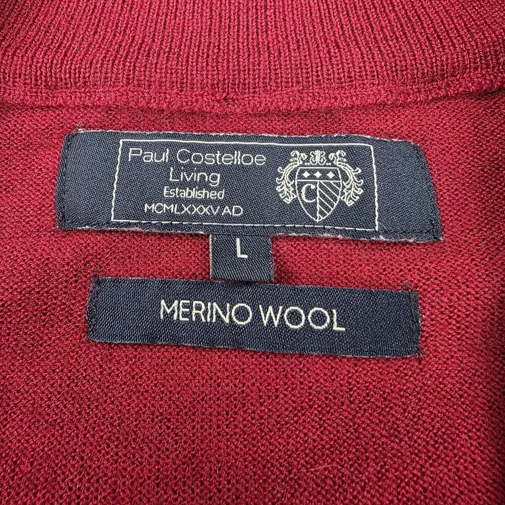 Paul Costelloe Living Sweater Mens Large Red Merino Wool 1/4 Zip Mock Neck